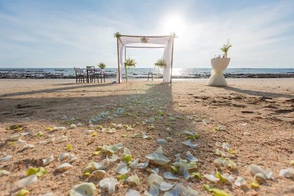 Petals on the sand before a beach wedding
